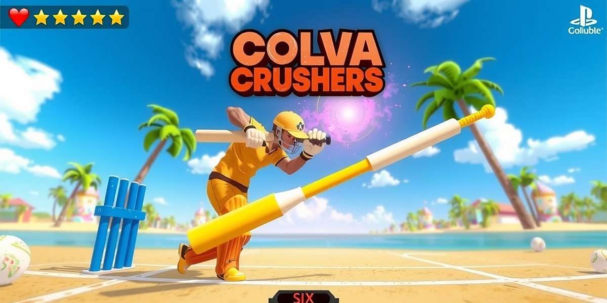 Colva Crushers Beach Cricket Gameplay Colva Crushers gameplay showing a batsman hitting a six on a sunny beach with palm trees in background