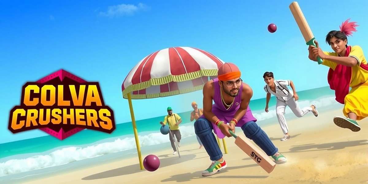 Colva Crushers Official Cover Art Colva Crushers game cover showing vibrant beach cricket match with Indian players in traditional attire
